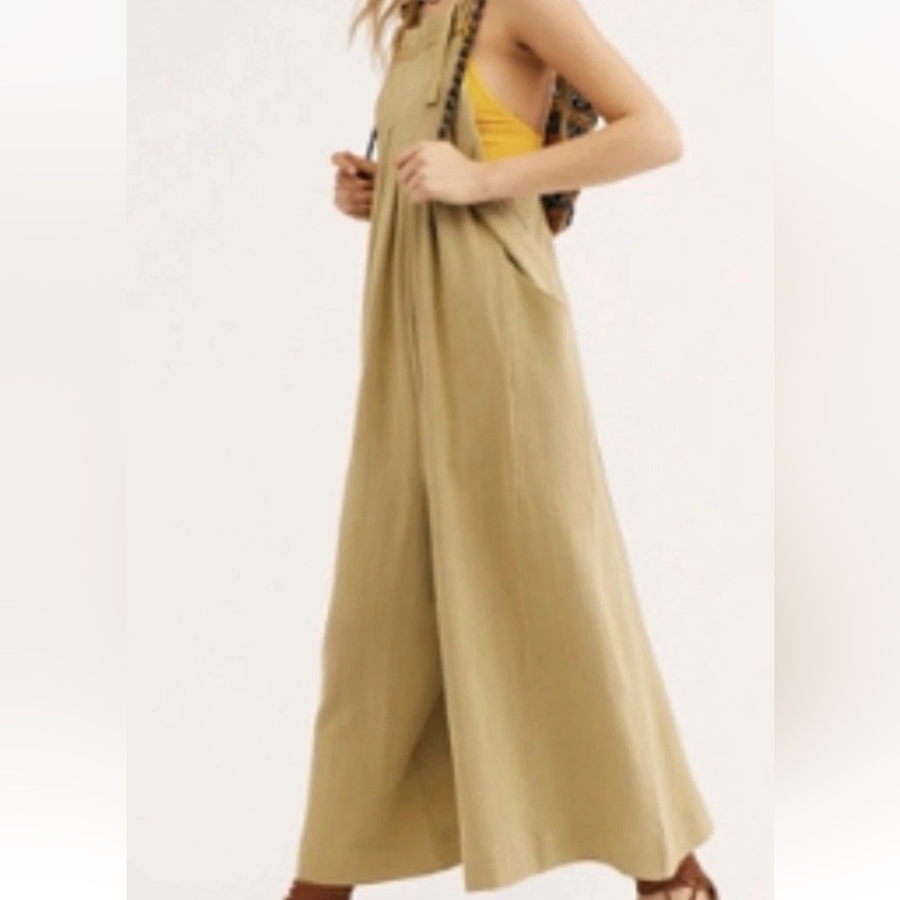 Free People All You Need Tan Slouchy Shapeless Wide Leg Jumpsuit L Pockets